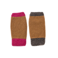 Pair of asymmetric tan wrist warmers with pink and brown cuffs.