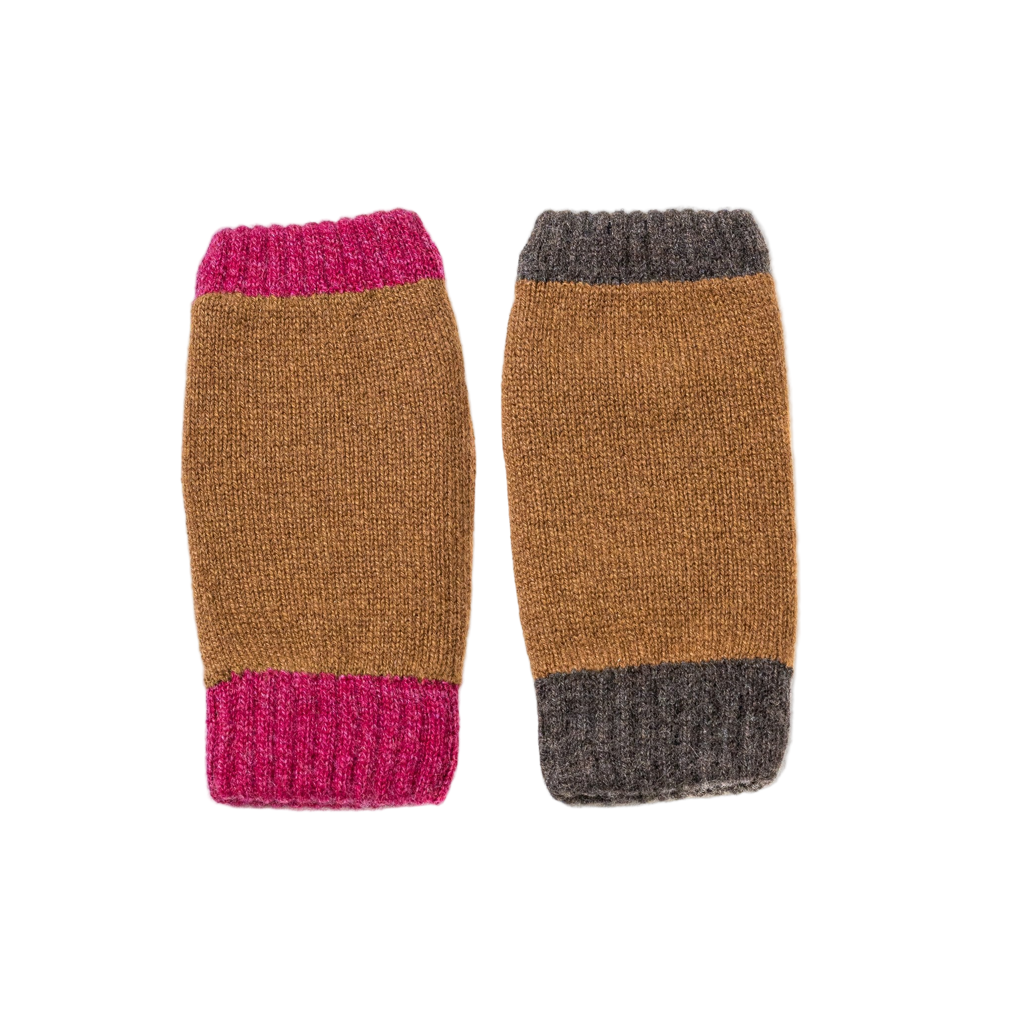 Pair of asymmetric tan wrist warmers with pink and brown cuffs.