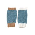 Pair of asymmetric blue wrist warmers with beige and white cuffs.