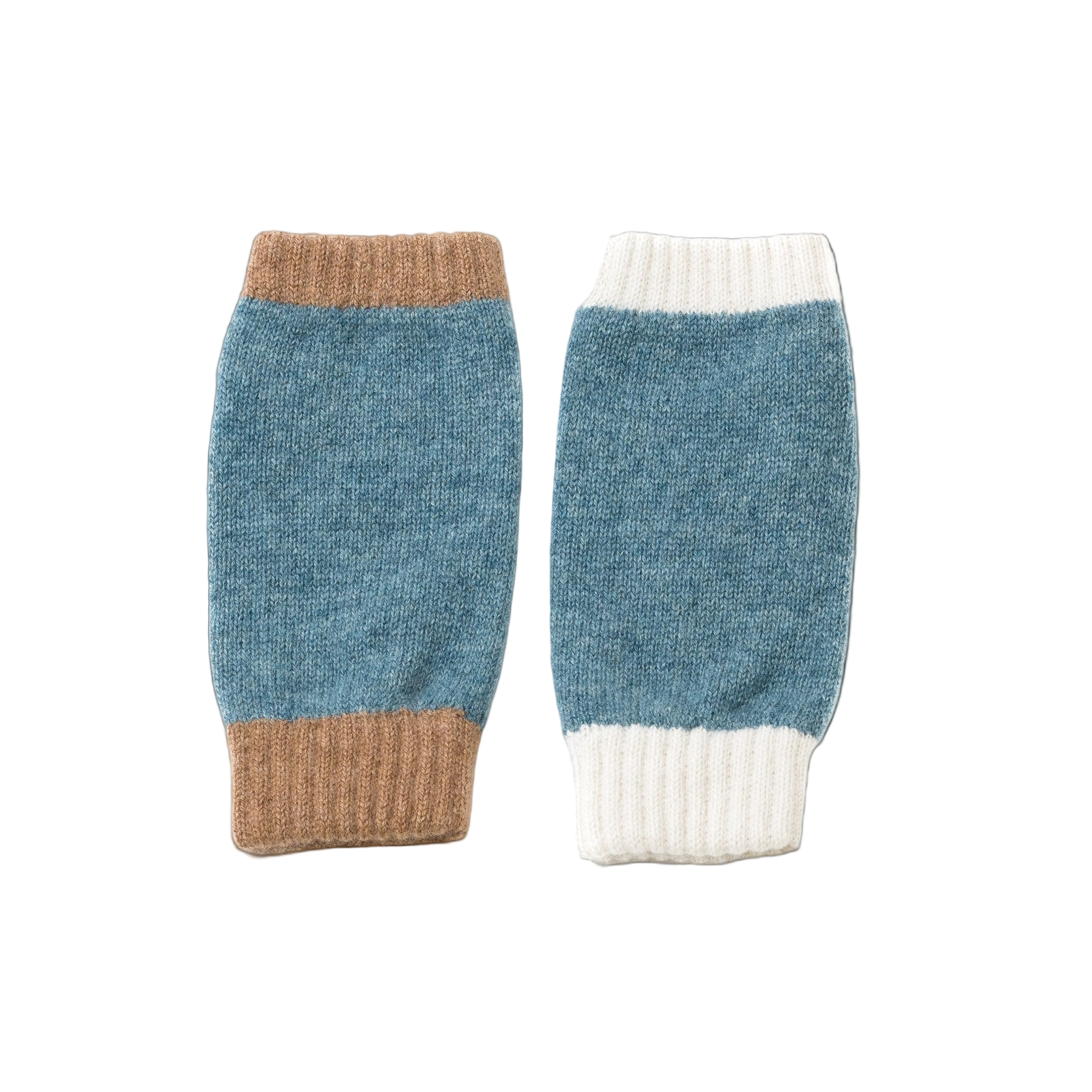 Pair of asymmetric blue wrist warmers with beige and white cuffs.