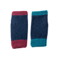 Pair of asymmetric navy wrist warmers with burgundy and green cuffs.