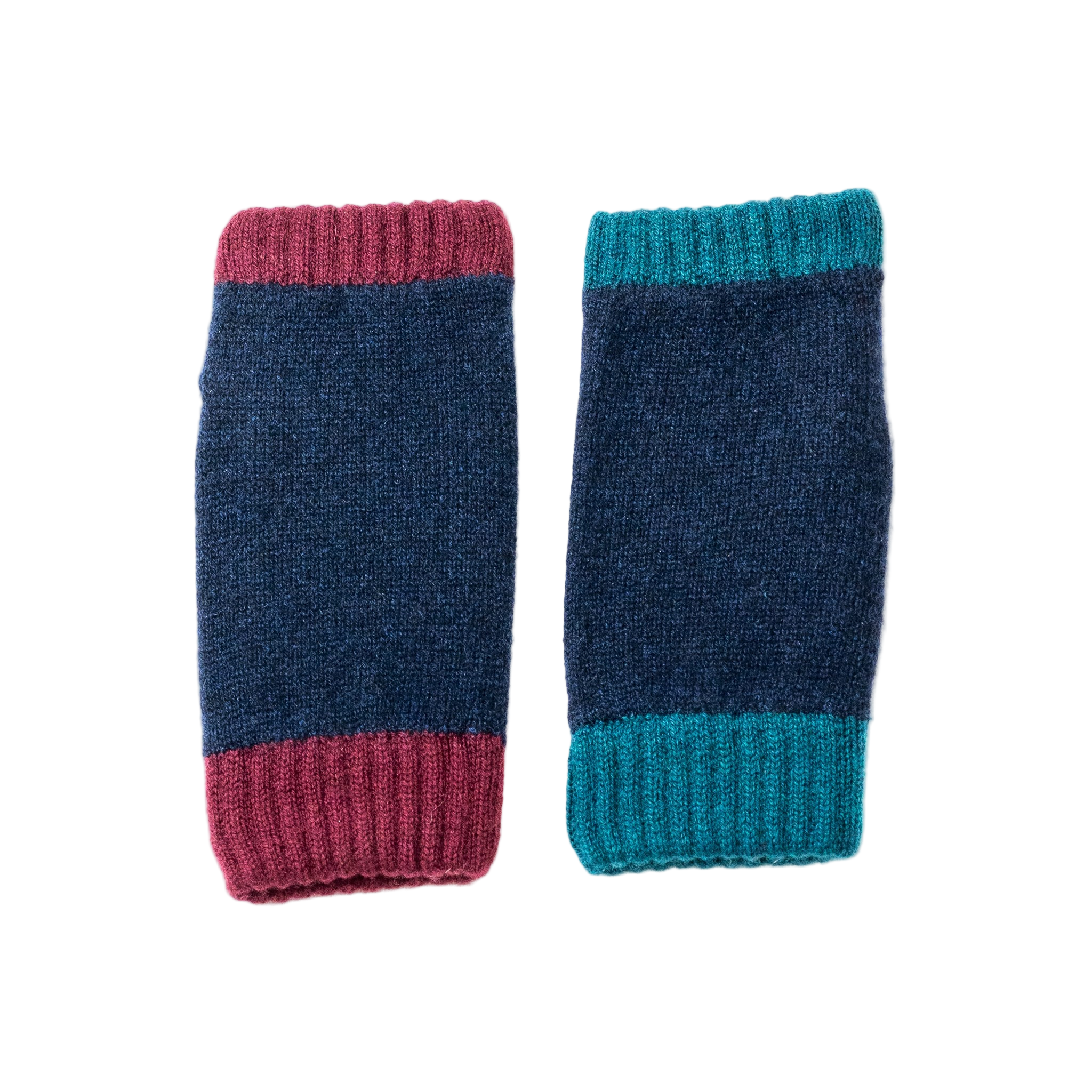 Pair of asymmetric navy wrist warmers with burgundy and green cuffs.