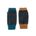 Pair of asymmetric charcoal wrist warmers with tan and green cuffs.