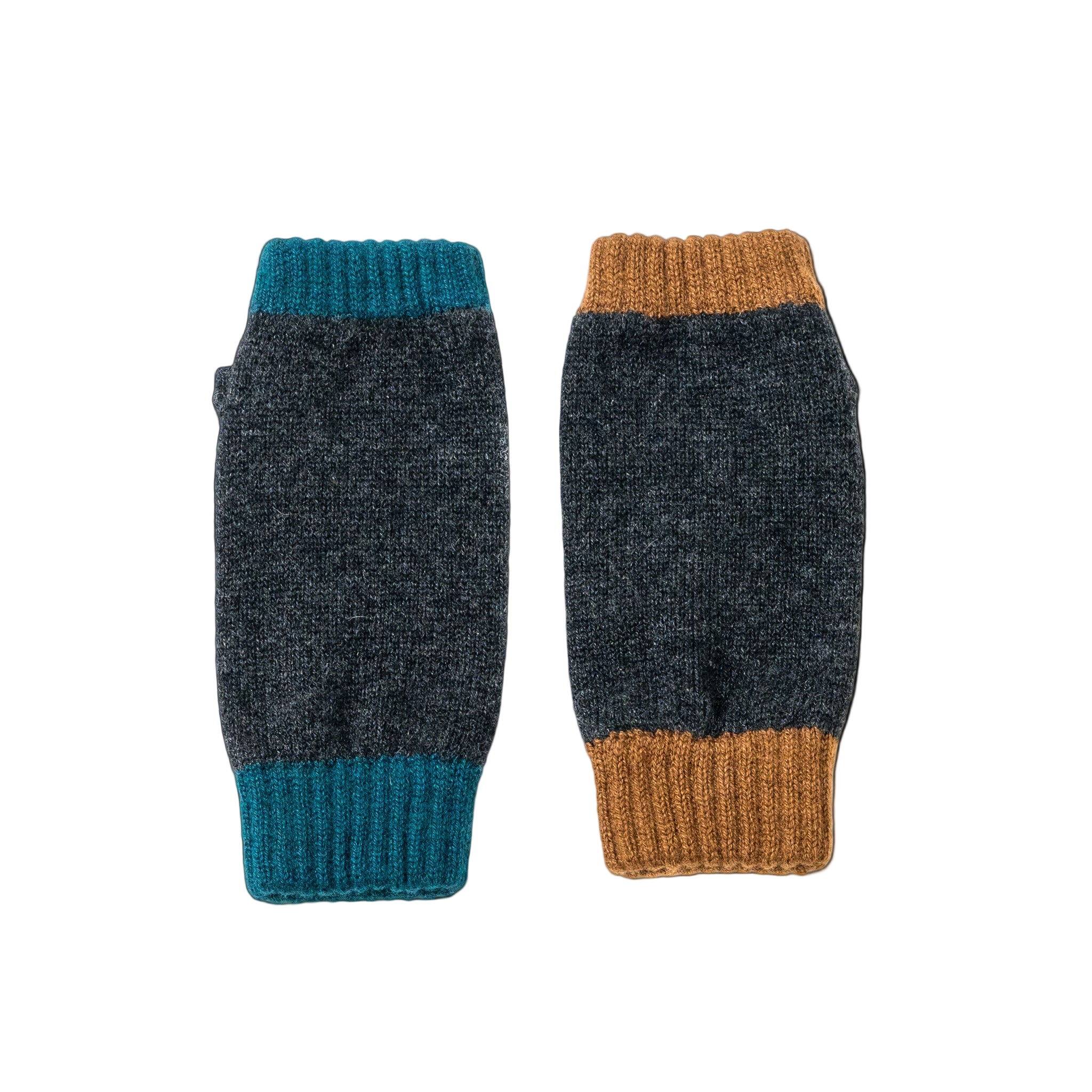 Pair of asymmetric charcoal wrist warmers with tan and green cuffs.