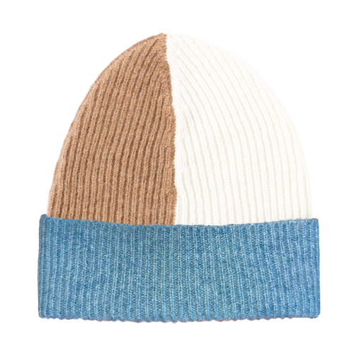 Colour-blocked beanie in  beige, white, and blue.
