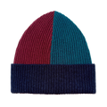 Colour-blocked beanie in  red, green, and navy.