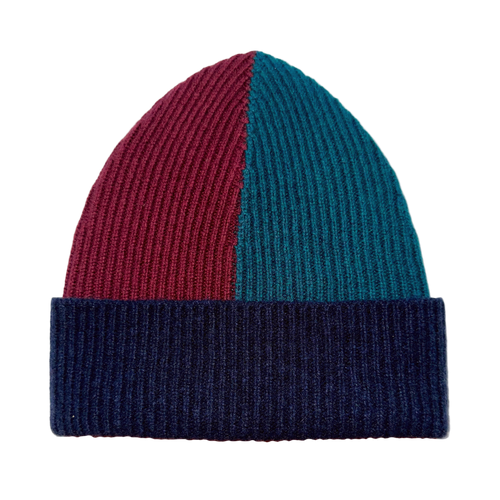 Colour-blocked beanie in  red, green, and navy.
