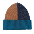 Colour-blocked beanie in  tan, green, and charcoal.