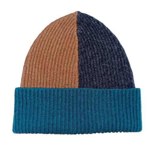 Colour-blocked beanie in  tan, green, and charcoal.