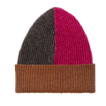 Colour-blocked beanie in  brown, pink, and tan.