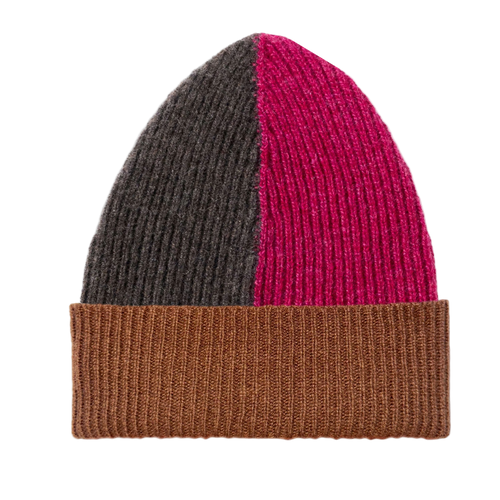 Colour-blocked beanie in  brown, pink, and tan.