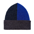 Colour-blocked beanie in  charcoal, blue, and brown.