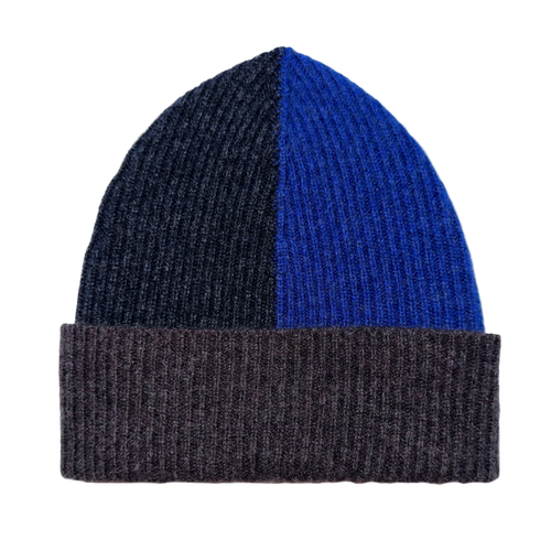 Colour-blocked beanie in  charcoal, blue, and brown.