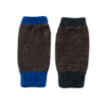 Pair of asymmetric brown wrist warmers with blue and charcoal cuffs.