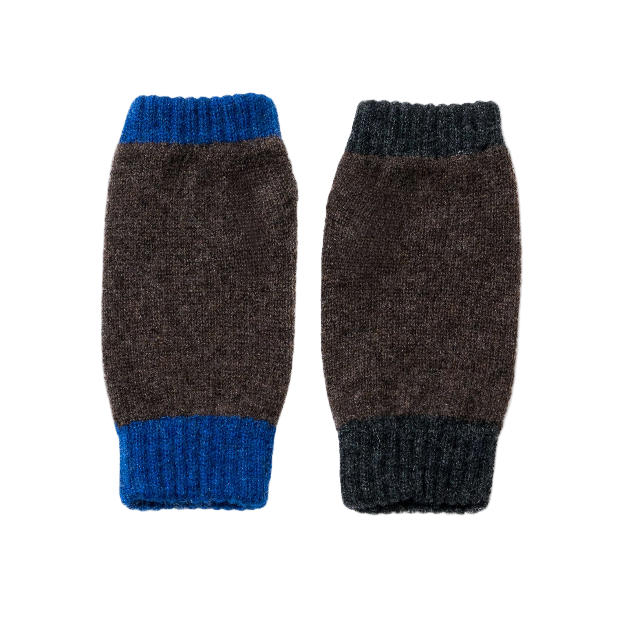 Pair of asymmetric brown wrist warmers with blue and charcoal cuffs.